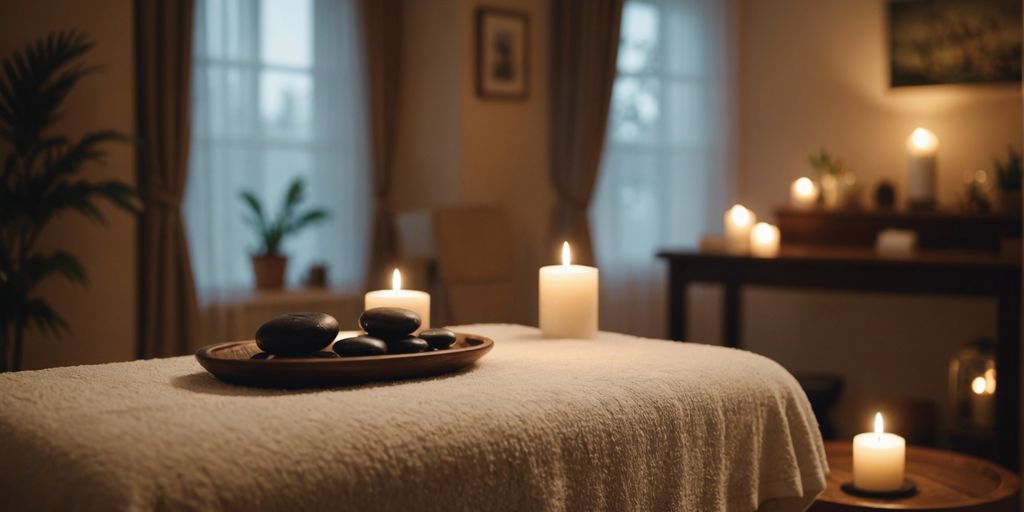 A tranquil massage room with a neatly arranged table, soft lighting, and soothing decor in Frankenthal.