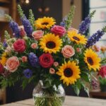 A beautiful bouquet of mixed flowers in front of a charming flower shop in Frankenthal.