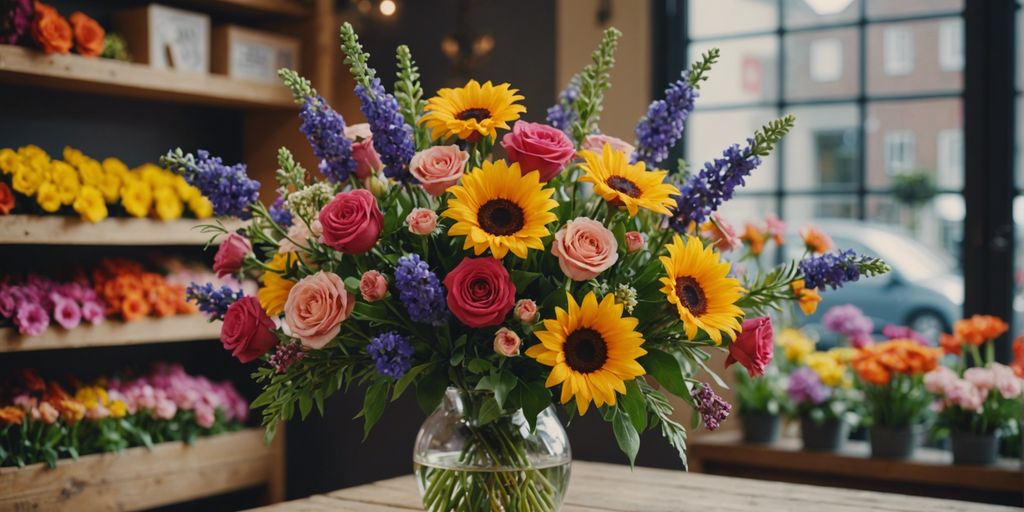 A beautiful bouquet of mixed flowers in front of a charming flower shop in Frankenthal.