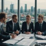 Group of professional accountants in an office with Frankenthal cityscape in the background, discussing financial documents.