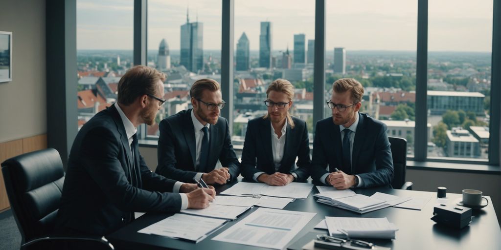 Group of professional accountants in an office with Frankenthal cityscape in the background, discussing financial documents.